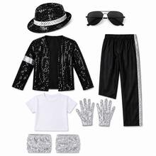 7PCS Kids Stage Performance Costume, Sequin Jacket Trousers Hat Gloves Outfit - Black - View 9