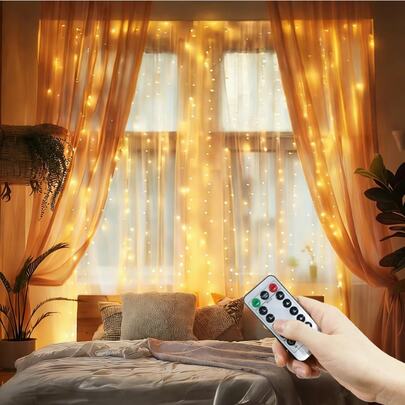1 מארז נורות פיות LED מסוג וילון, שרשרת נורות עם חיבור USB ושליט רחוק, עיצוב ניתן לחיבור, קישוט פנים לחדר שינה, קישוט חוץ לחצר ומרפסת, ציוד למסיבות, קישוטי תלייה לחג לחתונה יום הולדת ופסטיבל, סוללות לא כלולות