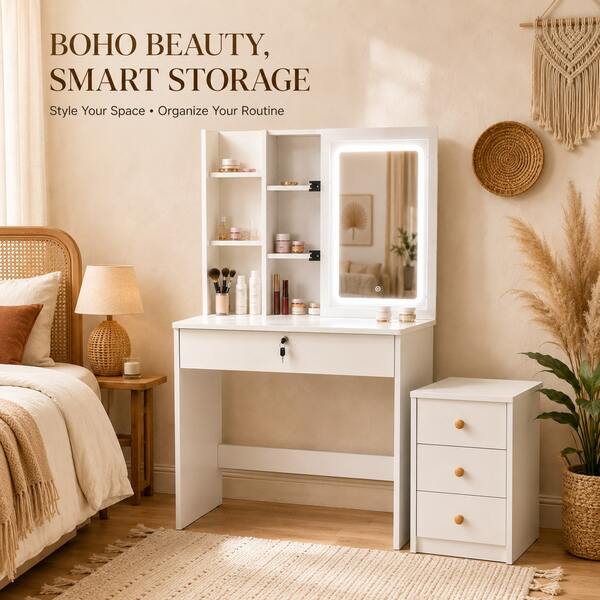 Space Saving 2-In-1 Vanity Table With Mirror And Detachable Low Cabinet, Makeup Dressing Desk That Converts Into Nightstand, Modern Bedroom Furniture For Women Girls Apartment