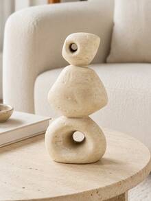 1pc Abstract Stacked Stone Sculpture, Beige Hollow Geometric Statue, Organic Modern Wabi Sabi Tabletop Decor For Living Room Coffee Table Bookshelf Entryway Console, Neutral Minimalist Home Accent - Multiple Models - View 2