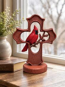 1pc Christmas Cardinal Figurine, Red Cardinal Bird On Decorative Cross Statue, Rustic Holiday Tabletop Decor For Fireplace Mantel Shelf Entryway Living Room - Classic - View 7