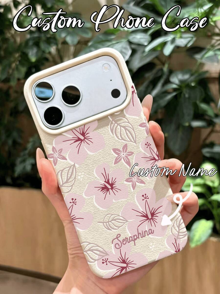 Customizable Text Floral TPU Phone Case, Soft Pink Floral Full Coverage Anti-Drop Soft Shell Personalized Protective Case, Compatible With Apple 18/18 Pro/18 Pro Max, 17/17 Pro/17 Pro Max, 16 Pro/16 Pro Max/16 Plus, Apple 17 Pro Max Phone Case, Apple 16 Phone Case, Apple 13 Phone Case, Apple Phone Case - Customized Gift Style, Valentine's Day Gift - White - View 1