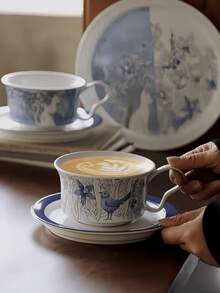1 Set Chinese Blue And White Ceramic Coffee Cup And Saucer, Premium Ceramic Dinnerware, Breakfast Cup, Dessert Plate, Pasta Plate, Suitable For Home, Restaurant, Cafe, Gift, Party, Office - Blue - View 11