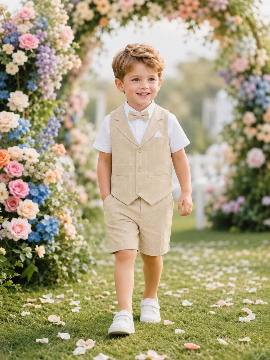 Young Boy Summer New Style Performance Dress Wedding Flower Boy Gentleman Suit 3-Piece Set Vest + Shorts + Bow Tie - Apricot - View 1