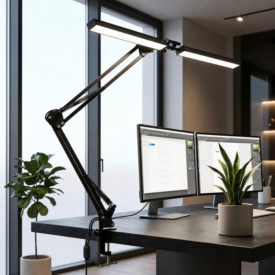 Double Head LED Desk Lamp With Clamp, Eye-Caring Architect Swing Arm Light, Wide Bright Dimmable Task Lamp With Memory Function, Adjustable Dual Bar Computer Monitor Light For Home Office, Study, Reading, Drafting, Workbench