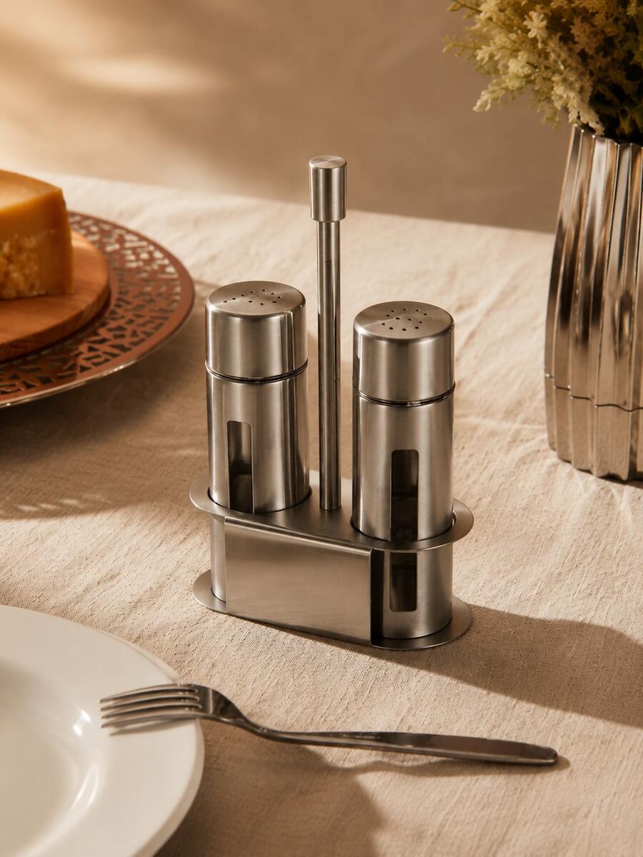 2 Pcs Stainless Steel Seasoning Shaker Set With Rack, Refillable Salt & Pepper Spice Dispensers For Kitchen, Dining Table, BBQ, Party, Saudi National Day - Silver - View 1