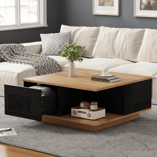 70 X 70 X 31.5 Cm Coffee Table With 3 Drawers, Geometric Coffee Table, High-Gloss Living Room Table, Sofa Table, Side Table, Suitable For Small Spaces, Black + Natural Wood Color - Dark Brown + Black - View 1