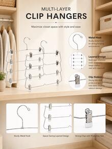 2Pcs 4-Tier Pants Hangers With Non-Slip Clips, Stackable Rustproof Stainless Steel Skirt And Trouser Organizer For Jeans, Shorts, Leggings And Scarves, Space-Saving Closet Storage For Bedroom, Dorm And Travel - Silver - View 2