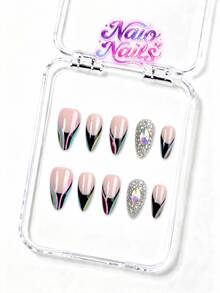 NAIO 10pcs/Set Y2K Handmade Press-On Nails, Nude Base With Multi-Color V-Shaped French Tips, Full AB Rhinestone Embellished, Glamorous Party Style, Suitable For Daily Wear, 3 Sizes Coffin/Almond/Short Square, Fake Nails, Removable And Reusable - Multicolor - View 17
