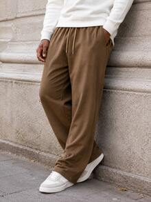 Men's Casual Faux Suede Wide-Leg Drawstring Pants, Loose Fit Elastic Waist Straight-Leg Trousers For Fall & Winter - Brown - View 6