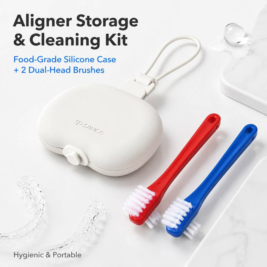 3 Pcs Portable Orthodontic Care Set (1 Case + 2 Brushes), Soft Silicone Retainer Container With Hanging Loop, Dual-Head Cleaning Brushes Remove Plaque From Aligners, Compact Travel-Friendly Organizer For School, Work & Trips, Material - Multicolor - View 1
