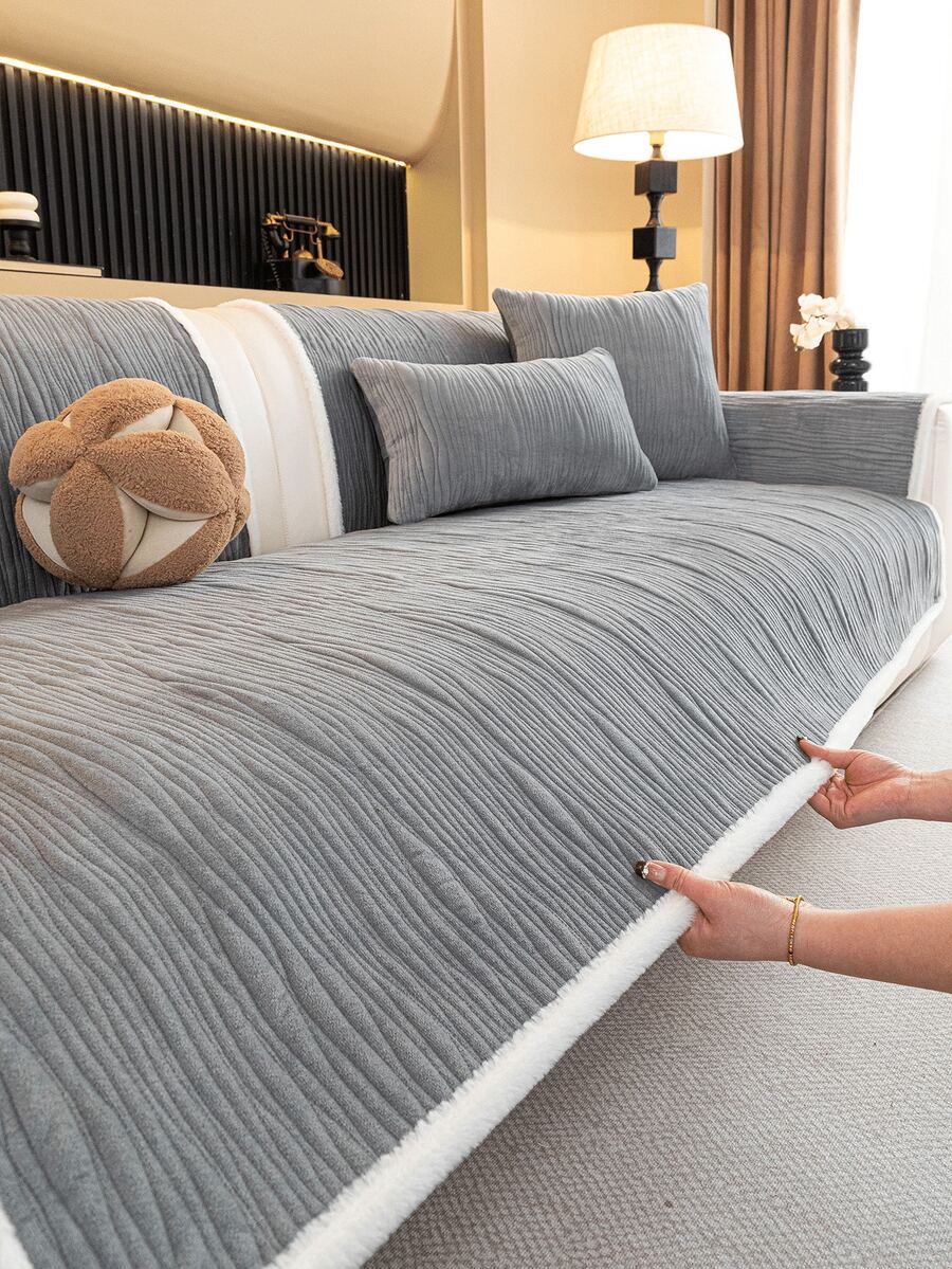 1pc Wavy Pleated Sofa Cover With White Faux Fur Trim, Soft Warm Velvet Sofa Slipcover, Solid Color Minimalist All-Season Furniture Protector, Suitable For Modern Living Room - Grey - View 1