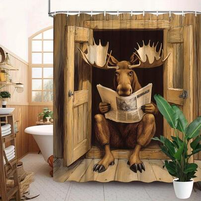 1pc Deer Squatting In Wooden House Reading Newspaper Shower Curtain, Funny & Quirky Bathroom Waterproof Curtain - Suitable For Bathroom Decor, Bathroom Curtain - Easy To Clean, Exquisite Home Decor, Bathroom Partition Curtain, Decorative Shower Curtain, Bathroom Accessories Home Decor Gift - Comes With 12 Hooks