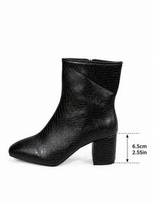 Women's Crocodile Embossed Pointed Toe Chunky Heel Ankle Boots, Side Zipper Elegant Fashion Slim Fit Boots, Versatile For Autumn/Winter - Black - View 4