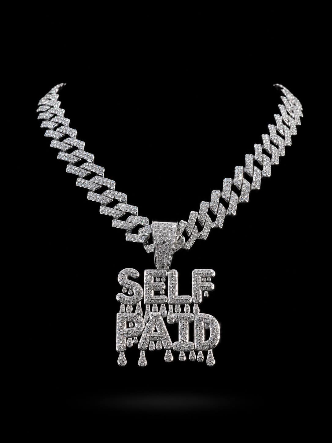 Hip-Hop Style SELF PAID Drip Letter Full Diamond Pendant With Iced Out Cuban Chain, Suitable For Rap Performance, Party Outfit, Unisex Niche Personalized Street Style Decorative Jewelry - SELF PAID - View 1