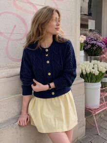Áo cardigan len nữ cổ tròn cài nút phối màu, dệt vặn thừng phong cách vintage, thường ngày cho mùa thu/đông - Màu xanh hải quân - Xem 1