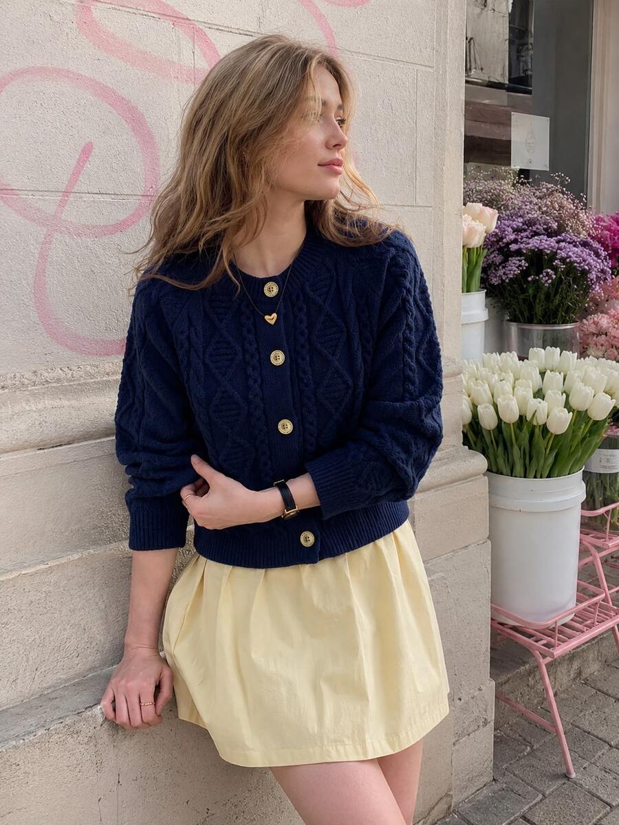 Áo cardigan len nữ cổ tròn cài nút phối màu, dệt vặn thừng phong cách vintage, thường ngày cho mùa thu/đông - Màu xanh hải quân - Xem 1