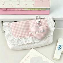 1pc Cute Lace Pink Plaid Polka Dot Pencil Case (No Pendant Single Pencil Case), Bow And Heart Decoration, Single Zipper Large Capacity Stationery Storage Bag, Makeup Bag, Suitable For Teenagers Daily School Supplies And Back To School, Birthday, Halloween, Christmas Gifts - Multicolor - View 3