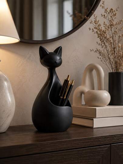 1pc Black Cat Makeup Brush Holder Desktop Storage Box, Cute Cat Shaped Cosmetic Storage Cup, Minimalist Modern Desktop Pen Holder, Vanity Makeup Tool Storage Box, Office Supplies And Home Decor Gift, Suitable For Women's Room, Decorative Makeup Storage Office