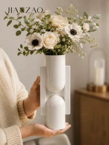 極簡建築幾何樹脂花瓶，啞光白單莖花瓶，侘寂風居家桌面裝飾，送給朋友的禮物 - 幾何花瓶 - 查看 3