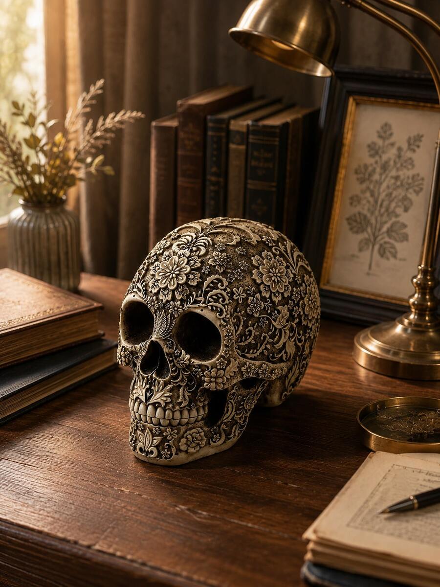 1pc Resin Skull Floral Human Skull Model, Adult Skull Skeleton Model, Day Of The Dead Decoration, Vintage Style Home Desktop Ornament, Horror Party Prop, Unique Collectible Model Gift - 1PC - View 1