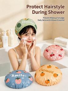 4pcs Cute Fruit Print Shower Cap Set, Waterproof Double Layer Bath Cap, Women & Girls Universal, Reusable Lightweight Hair Protection Cap, One Size Elastic Ruffle Edge, Korean Style Cute Bathroom Accessory, Travel & Home Essential Gift - View 4