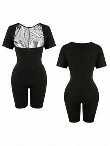 Plus Size Slimming & Shaping Compression Leggings - Shaping & Lifting, Non-Slip Design, Front Zipper, Short Sleeve, Athletic Tights Fall Sports - Silver - View 8