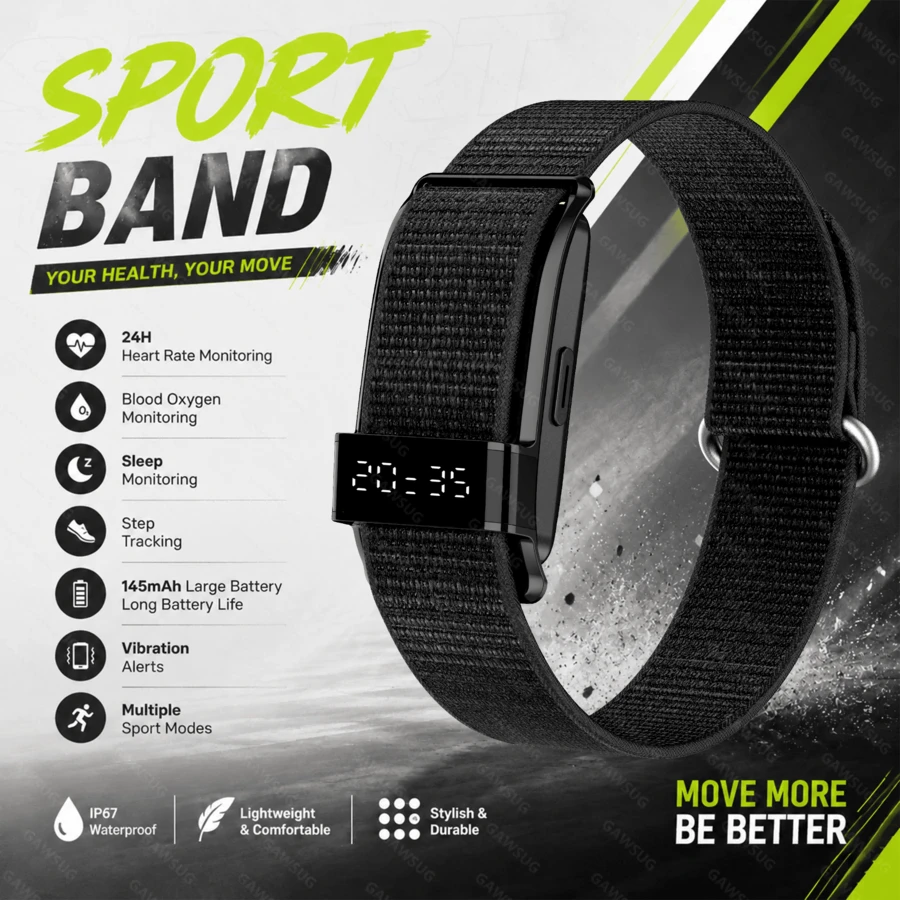 GAWSUG Minimalist Smart Band Hidden LED Time Fitness Tracker Men Women Heart Rate SpO2 Sleep Monitor Vibration Bracelet Gift Android IOS - View 1
