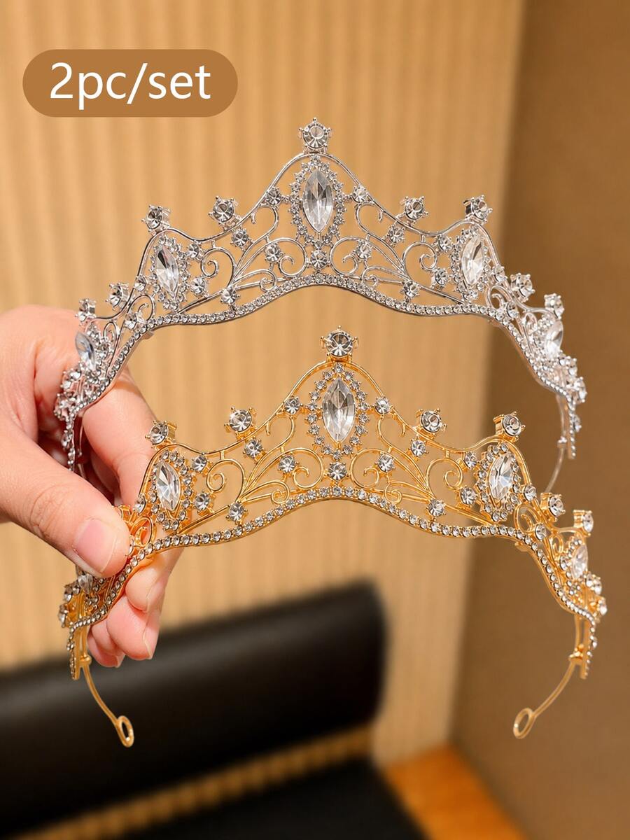 2件組女款金銀色水鑽皇冠髮箍套裝,優雅公主風髮飾,適合舞會、生日派對、選美比賽及正式場合 - 金色+銀色 2件組 - 查看 1
