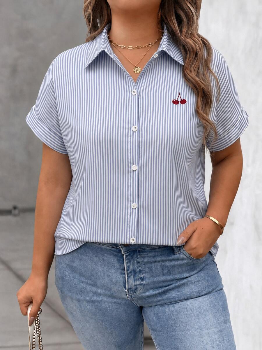 Plus Size Women's Cherry Embroidered Striped Shirt, Collared Rolled Sleeve Roll Cuff Button-Down Casual Blouse - Baby Blue - View 1