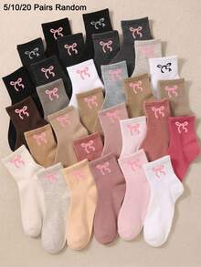 5/10/20 Pairs Random Bow Crew Socks For Girls Sweet Solid Color Mid‑Calf Socks Casual Daily Fall Socks Back To School Halloween Party Gift - Multicolor - View 8