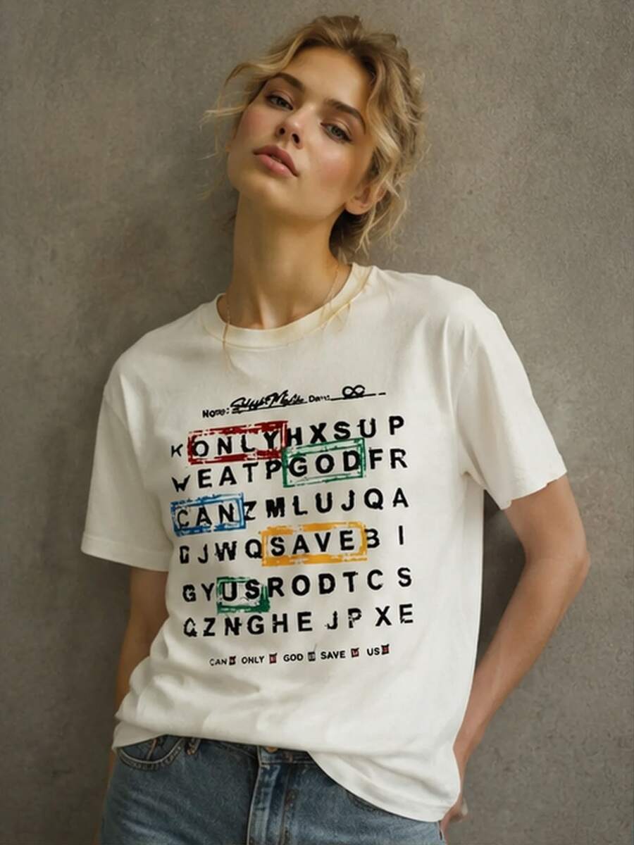 Damen-T-Shirt aus 100 % Baumwolle, Kurzarm, Rundhalsausschnitt, religiöser Aufdruck "Nur Gott kann uns retten", lässiges Oberteil, Damen-Herbstmode, direkter lokaler Versand - Weiss - Übersicht 1