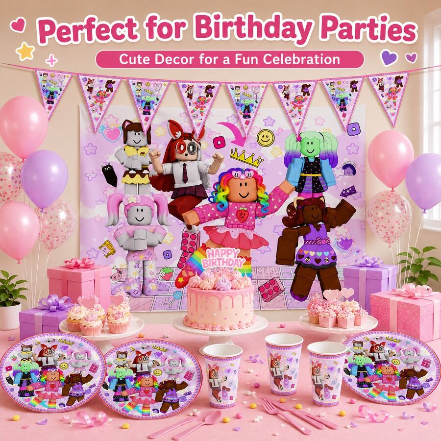 Roblox 31pcs Party Decoration Set, Includes 100x150cm Backdrop, 10 Triangle Bunting, 10 Paper Cups, 10 Paper Plates, Disposable Tableware Set, Colorful Triangle Bunting Banner, Birthday Party Supplies, Celebration Event Decor - B - View 1