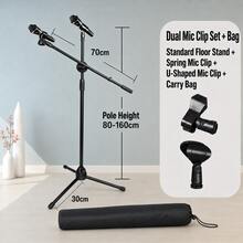 Adjustable Microphone Stand With Dual Mic Clips And Carry Bag, Portable Tripod Floor Stand For Studio Recording, Live Performance And Karaoke - Black - View 2