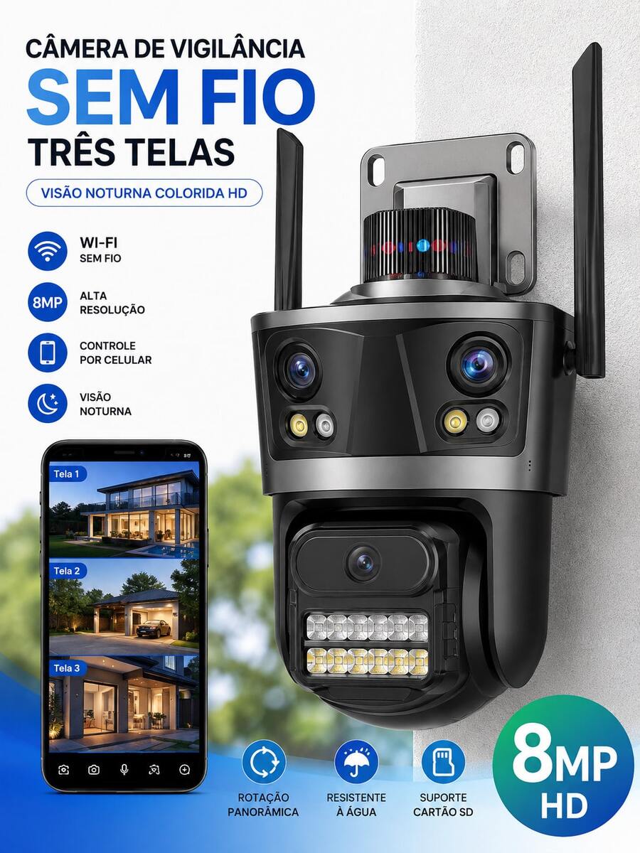 Câmera de vigilância sem fio Wi-Fi de três telas visão noturna colorida HD 8 MP controle por celular