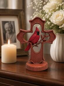 1pc Christmas Cardinal Figurine, Red Cardinal Bird On Decorative Cross Statue, Rustic Holiday Tabletop Decor For Fireplace Mantel Shelf Entryway Living Room - Classic - View 5
