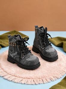 1 Pair Kids Vintage Denim Texture Boots With Embroidery And Side Zipper, Suitable For School, Commuting, Daily Casual Wear, Autumn/Winter - Black - View 4