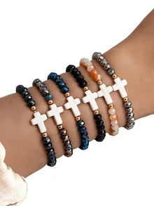 6pcs/Set Fashion Turquoise Cross & Crystal Elastic String Bracelet Set, Suitable For Daily Wear For Women (Note: Turquoise Color May Vary) - Multicolor - View 7