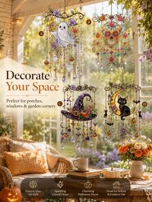 Light-Catching Hanging Wind Chime, Painted Glass Style Halloween Window Decor, Ghost Skeleton Witch Hat Black Cat Crystal Pendant, Home & Garden Decoration - A - View 6