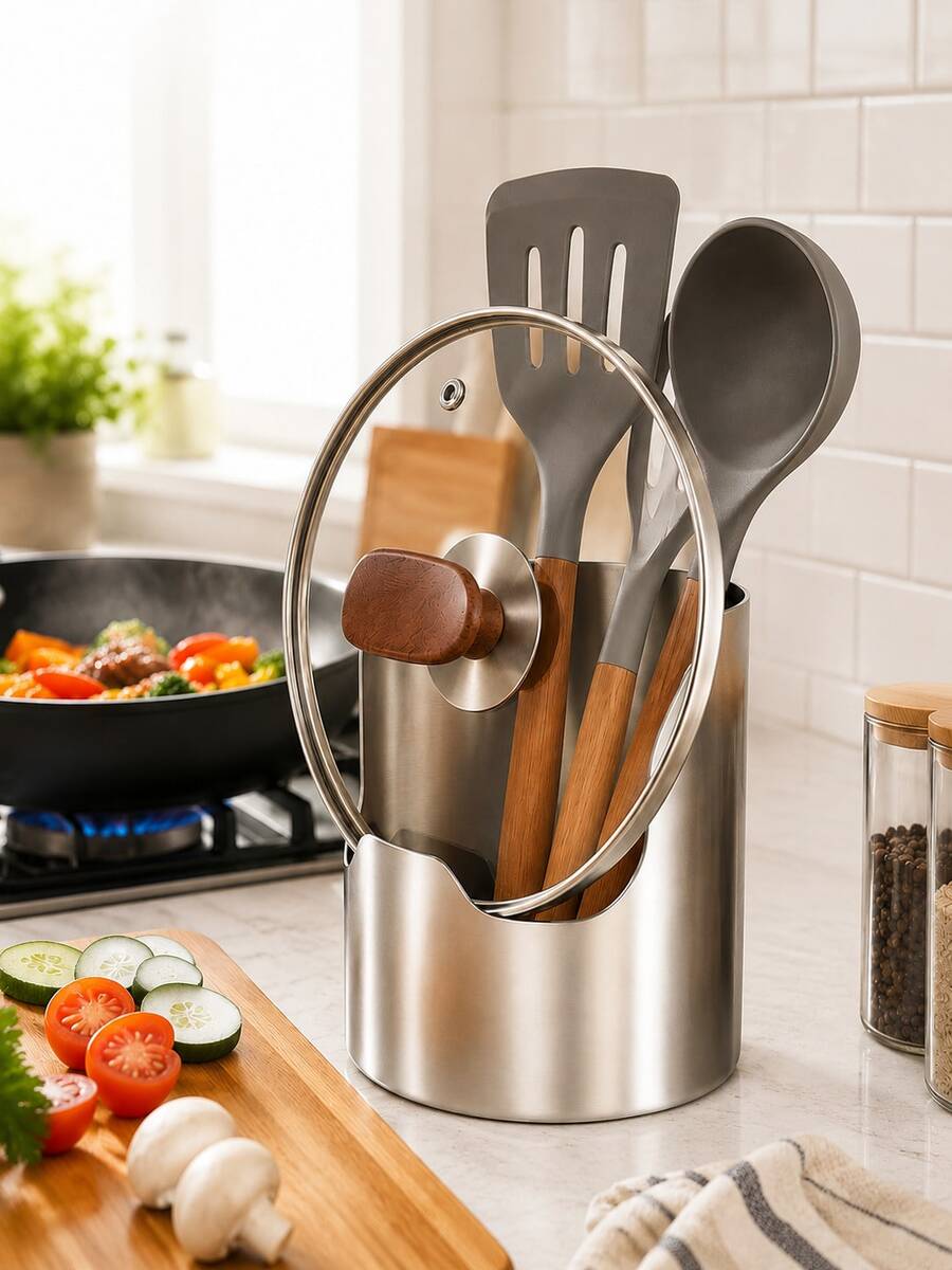 1/2 Set Stainless Steel Pot Lid Rack, Multi-Functional Spoon & Spatula Storage Rack, Easy To Clean Countertop Cooking Utensil Organizer, Suitable For Home Kitchen And Restaurant