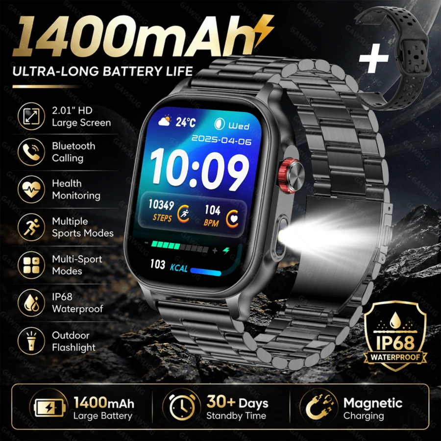 GAWSUG 1400mAh Smart Watch 2.01" HD Screen Bluetooth Call Outdoor Flashlight Rugged Fitness Tracker IP68 Waterproof Gift Men Women - View 1