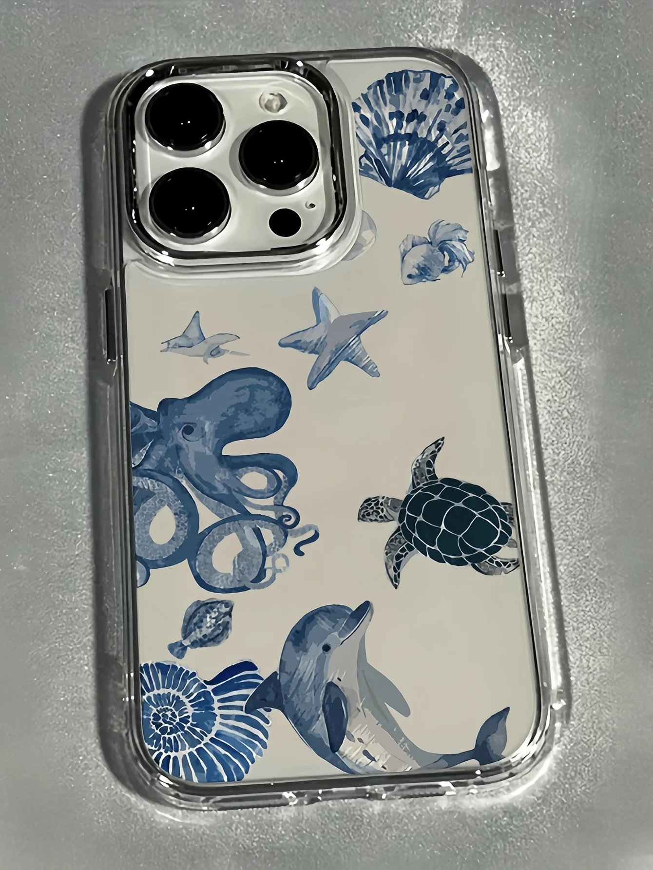 1件透明水彩章魚與海豚個性化極簡全包覆TPU防震手機殼，適用於Apple 18 17 16 15 14 13 12 11 Pro Max Air