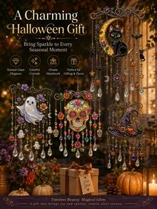 Light-Catching Hanging Wind Chime, Painted Glass Style Halloween Window Decor, Ghost Skeleton Witch Hat Black Cat Crystal Pendant, Home & Garden Decoration - A - View 3