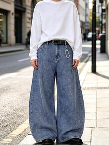 1 buah Celana Jeans Pria American Vintage Motif Kepingan Salju Biru Model Longgar Kaki Lebar Potongan Melengkung - Biru - View 4