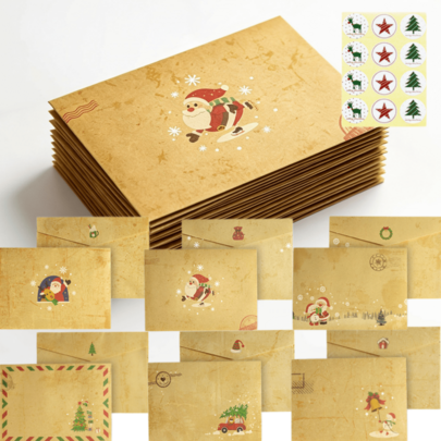 Set Kartu Ucapan Natal 24/48/120 Buah (Opsional) dengan Stiker Segel Natal, Kartu Ucapan Liburan Kertas Kraft Vintage 16*11cm untuk Pesta Natal Musim Dingin, Pemberian Hadiah, Perlengkapan Alat Tulis dengan Pesan Tulisan Tangan