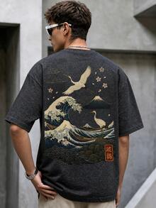 Krometka 男士休闲百搭简约海浪鹤自然风景艺术印花短袖T恤 - 黑色 - 查看 1