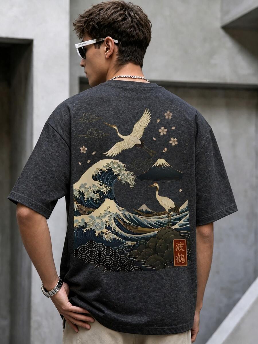Krometka 男士休闲百搭简约海浪鹤自然风景艺术印花短袖T恤 - 黑色 - 查看 1