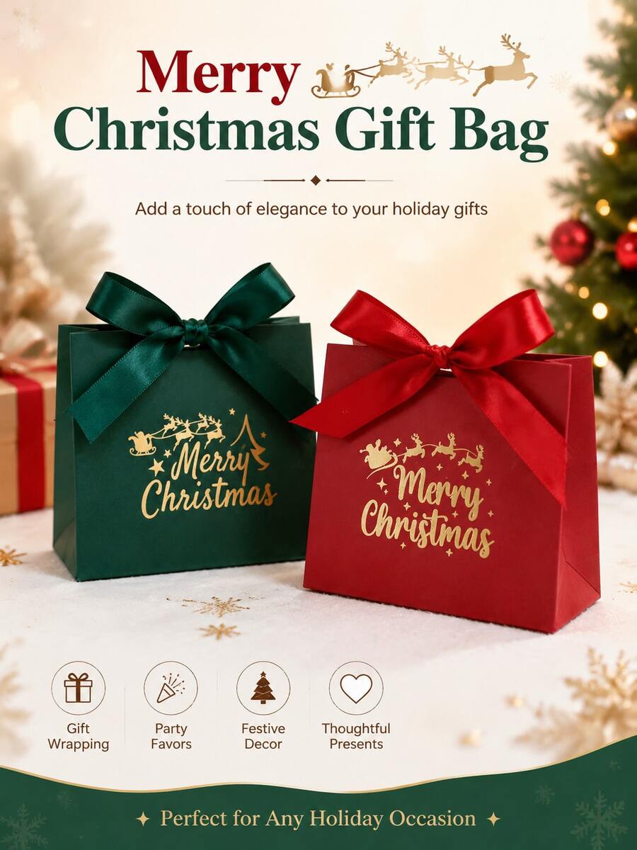18pcs Christmas Print Gift Bags With Bow Decoration, Holiday Party Gift Packaging - View 1