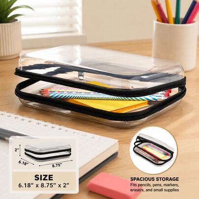 2026 New Clear Transparent Pencil Case Hard Shell Zipper Pencil Pouch 6.18"X8.75"X2" Large Capacity Stationery Storage Box For School Student Office Supplies Organizer