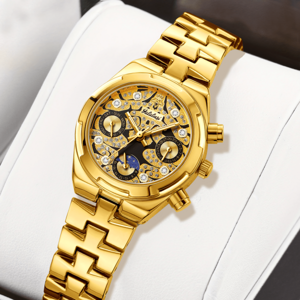 YaLaLuSi Brand 1pc Casual Women's Quartz Watch, Exquisite Round Dial, Three-Eye Multifunction Dial, Rhinestone Embellished, Black & Gold Embossed Dial, Comes With Strap Adjuster, Business Formal Wristwatch, Suitable For Daily Wear, Banquet, Commute, Gift For Girlfriend, Mom, Family, Anniversary, Birthday, Holiday Gift Choice